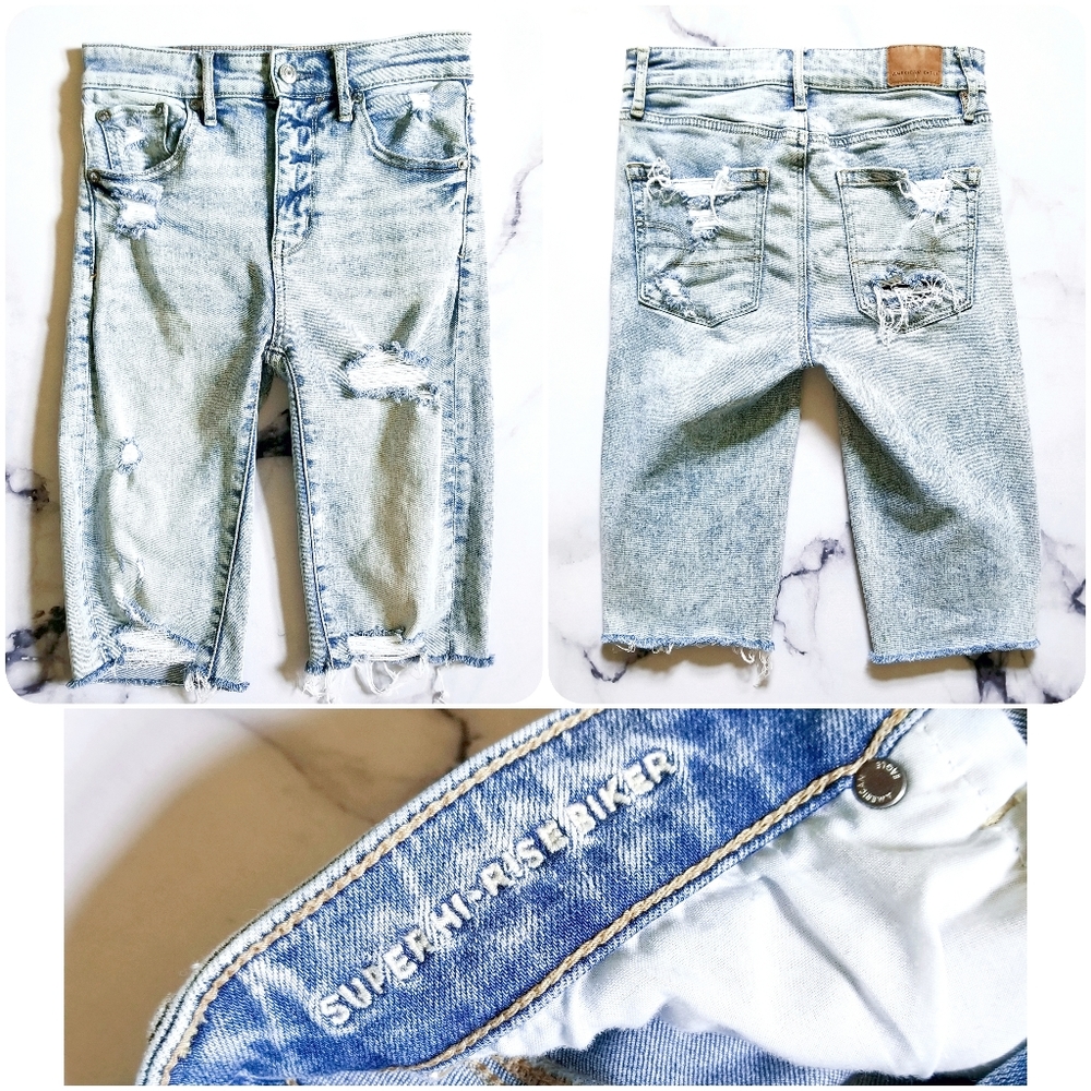 AE Super Hi-Rise Biker Short in Light Wash/Acid Wash